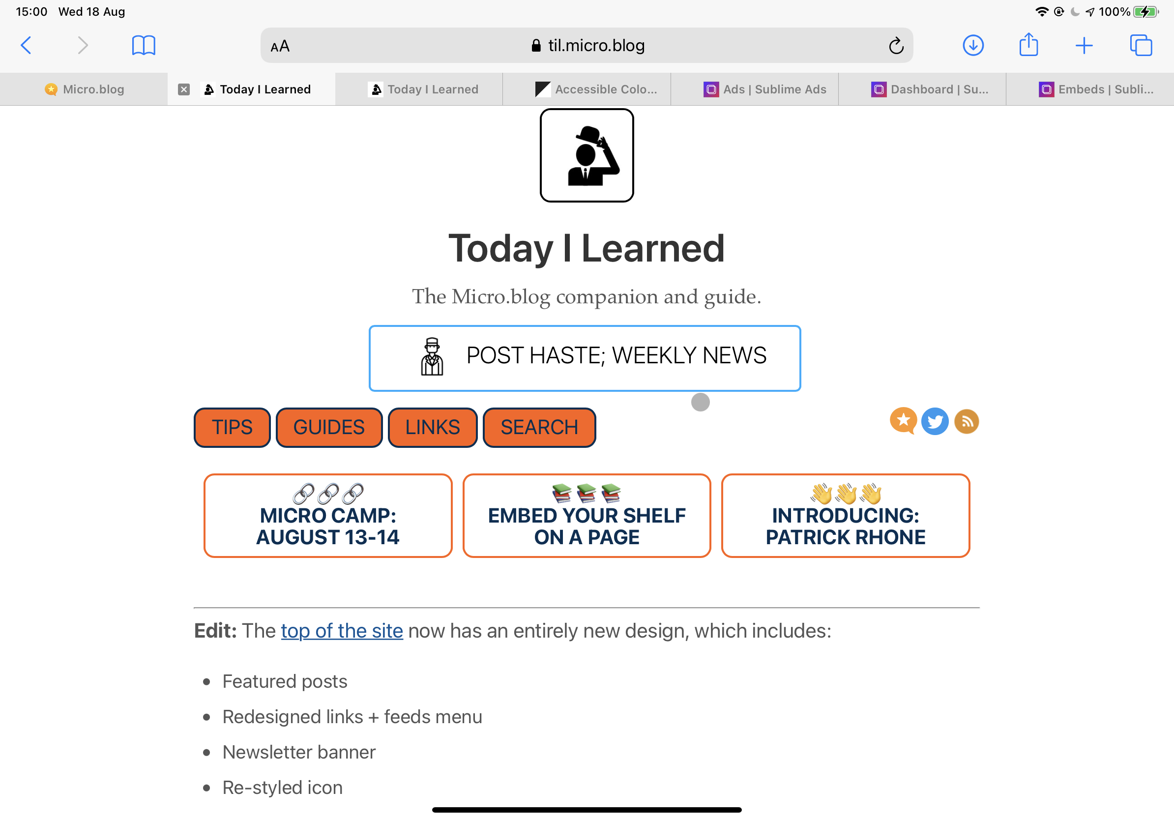Screenshot of a browser with the Today I Learned website open, displaying the new design.